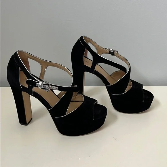 Michael Kors black velvet open toe platform high Heels 7M silver buckle accent - Picture 4 of 13